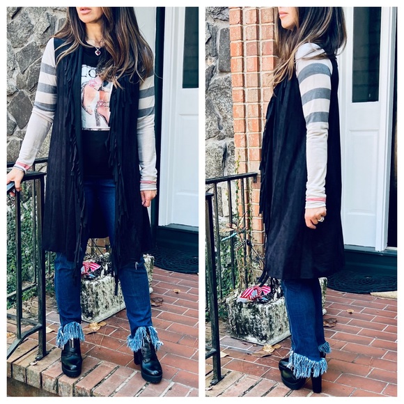 #24 Chic plaid sleeves fringe trim open cardigan - Picture 4 of 6